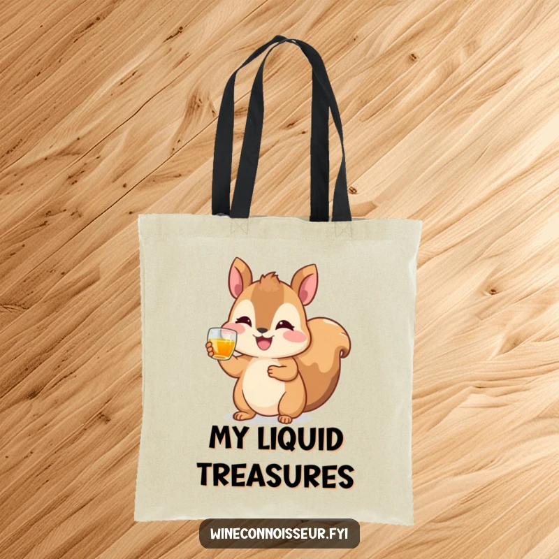 Funny tote bag with a happy squirrel character raising a tiny glass of amber liquid, perfect for carrying items with festive humor.