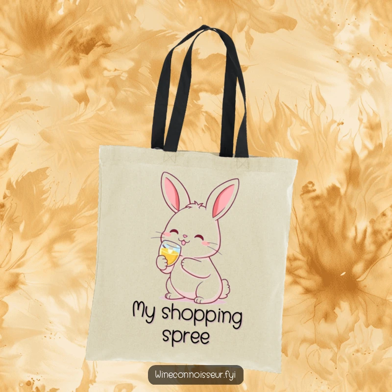 Funny tote bag with a smiling kawaii rabbit character clinking a tiny champagne flute, perfect for carrying celebratory items.