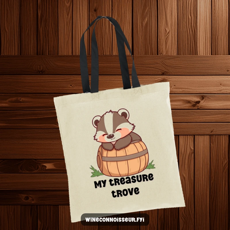 Funny tote bag showing a wise badger lounging on a barrel with a satisfied expression, perfect for carrying calm thoughts.