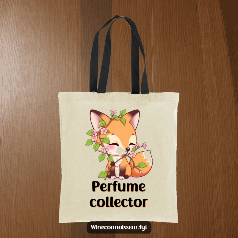 Funny tote bag with a curious fox character sniffing a blooming vine with evident delight, perfect for carrying everyday items.
